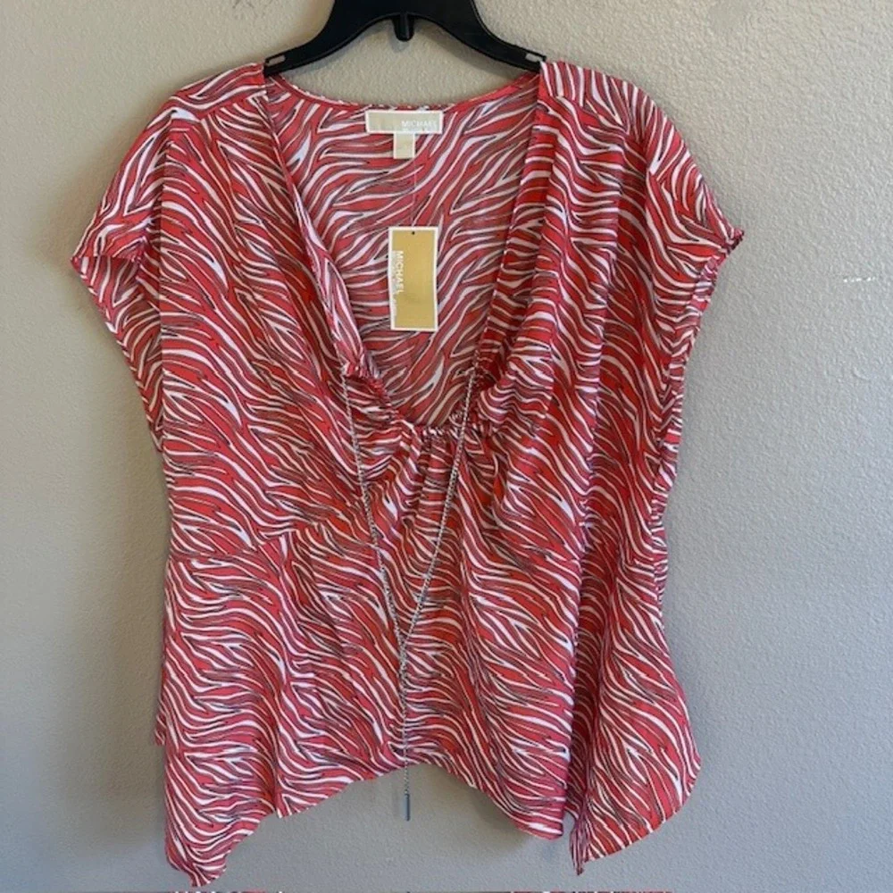 NWT Michael Kors Women's Plus Size Zebra Print Chain Trim‎ Top Peach Geranium 1X